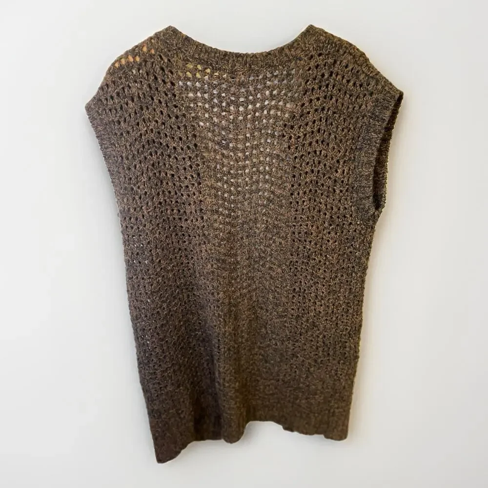 Sanctuary Crochet Brown Open Front Cardigan Long Boho Sleeveless Small
